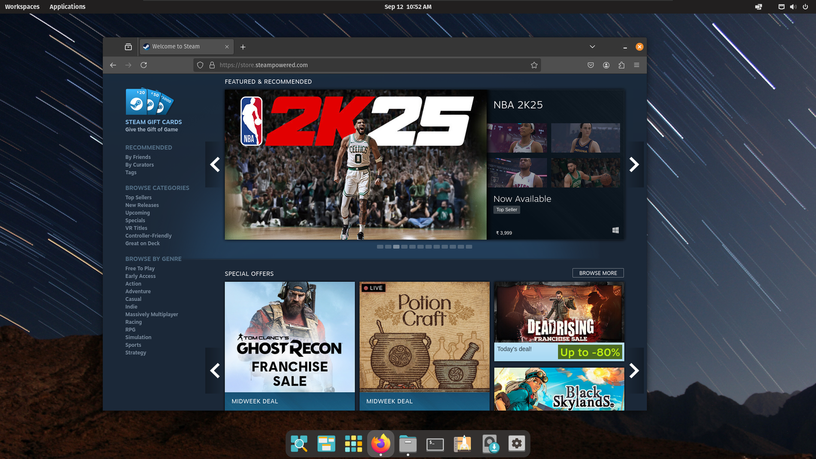 Рабочий стол Pop!_OS с открытым Steam в браузере Firefox.