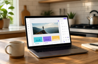 Laptop on a wooden kitchen table open to a design app showing a mountain hero image and three colorful cards beneath it.