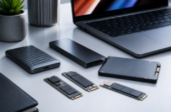 Laptop on a clean desk with external SSD enclosures, M.2 SSDs, and RAM sticks nearby.