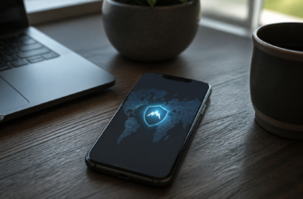 Smartphone on a wooden desk displays a glowing blue shield over a world map, conveying cybersecurity.