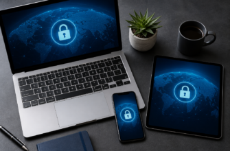 Desk setup with a laptop, tablet, and phone all showing a blue globe and padlock icon, signaling cybersecurity/online security.
