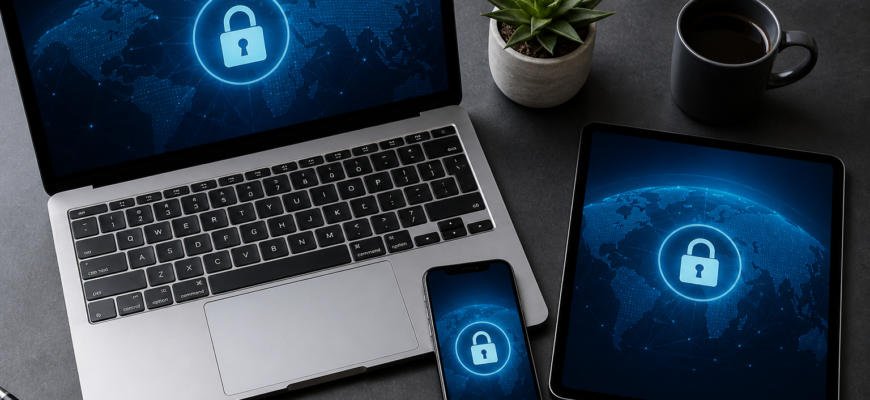 Desk setup with a laptop, tablet, and phone all showing a blue globe and padlock icon, signaling cybersecurity/online security.